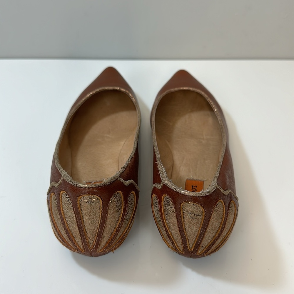 Miz Mooz Chestnut Leather Pointed-Toe Flats with Gold Heel Detail - Picture 7 of 16